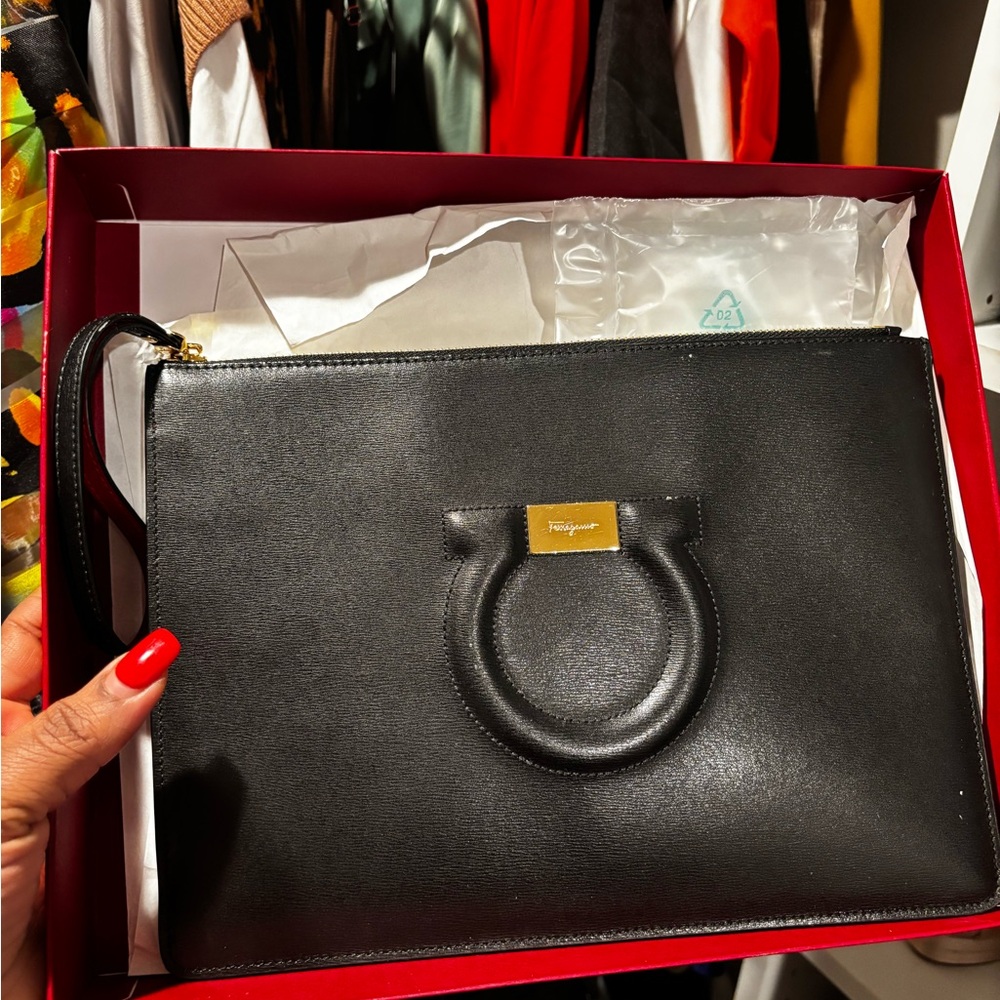 Salvatore Ferragamo Black Leather Gancini Wristlet Clutch